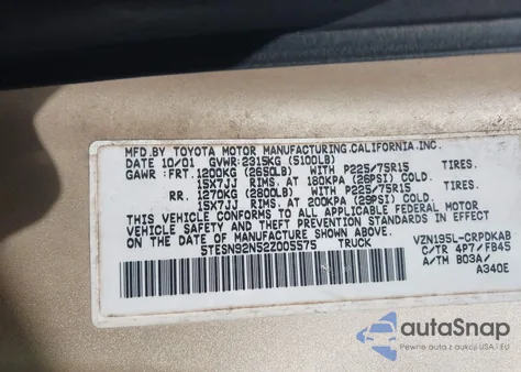 2002 Toyota Tacoma Prerunner V6 z USA, uszkodzony, nr VIN 5TESN92N52Z005575